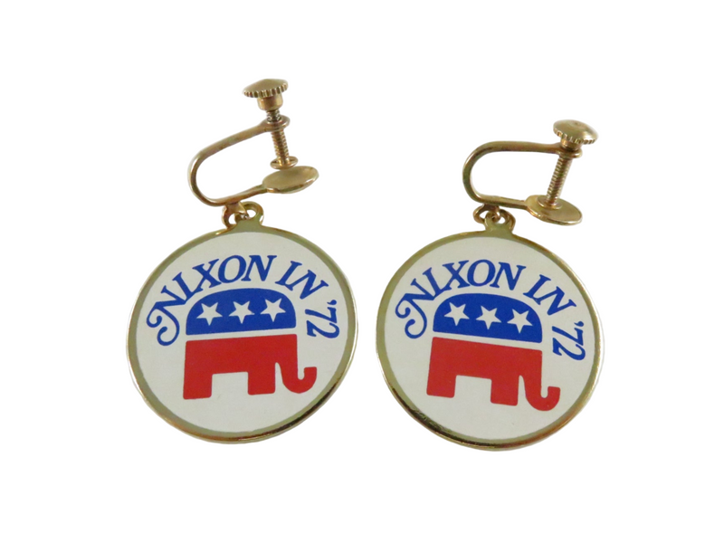 1972 Nixon in '72 Republican Elephant Screw-Back Dangle Earrings Campaign Jewelry