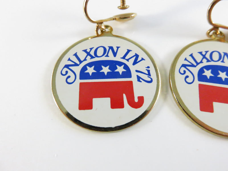 1972 Nixon in '72 Republican Elephant Screw-Back Dangle Earrings Campaign Jewelry