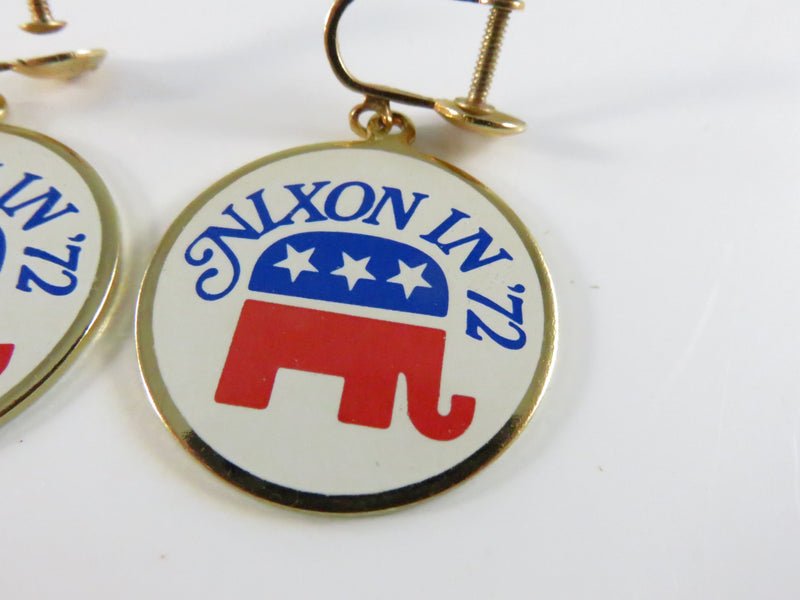1972 Nixon in '72 Republican Elephant Screw-Back Dangle Earrings Campaign Jewelry
