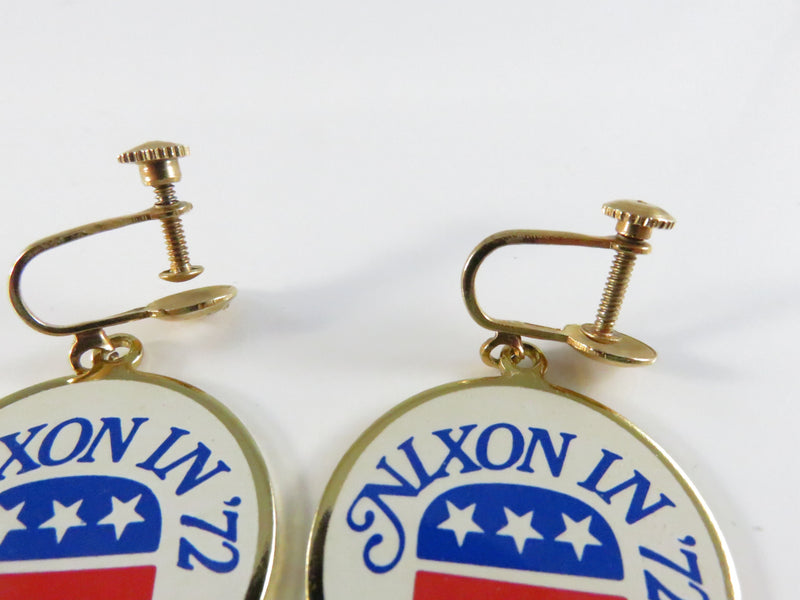 1972 Nixon in '72 Republican Elephant Screw-Back Dangle Earrings Campaign Jewelry