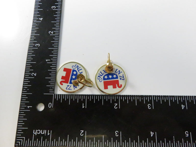 1972 Nixon in '72 Republican Elephant Screw-Back Dangle Earrings Campaign Jewelry