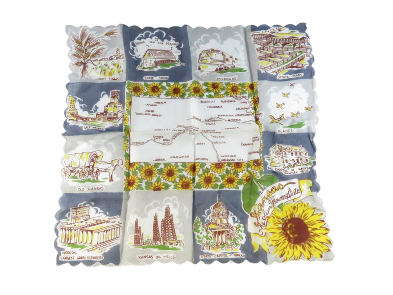 Vintage Kansas Souvenir Handkerchief 13" x 13" The Sunflower State Travel Map — front view