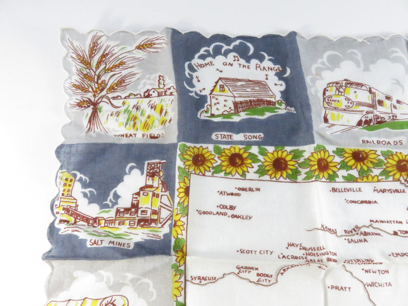 Vintage Kansas Souvenir Handkerchief 13" x 13" The Sunflower State Travel Map
