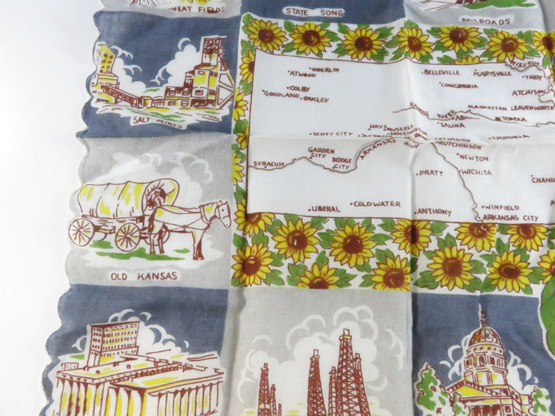 Vintage Kansas Souvenir Handkerchief 13" x 13" The Sunflower State Travel Map