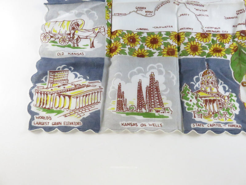 Vintage Kansas Souvenir Handkerchief 13" x 13" The Sunflower State Travel Map