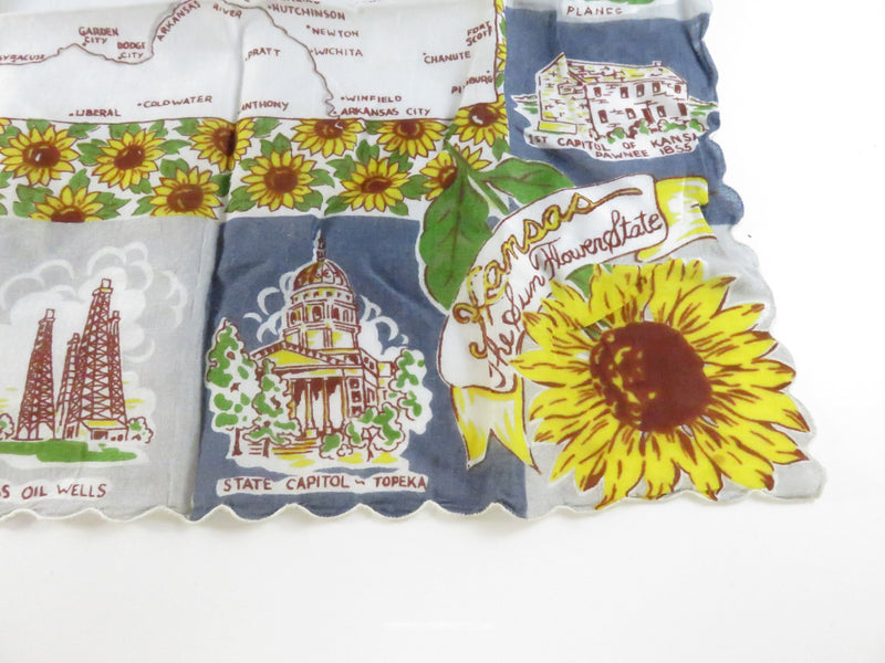 Vintage Kansas Souvenir Handkerchief 13" x 13" The Sunflower State Travel Map