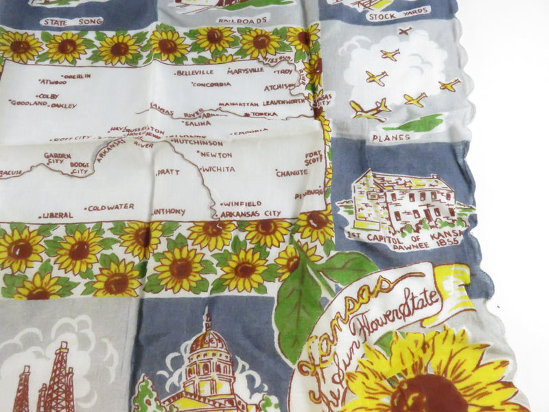Vintage Kansas Souvenir Handkerchief 13" x 13" The Sunflower State Travel Map