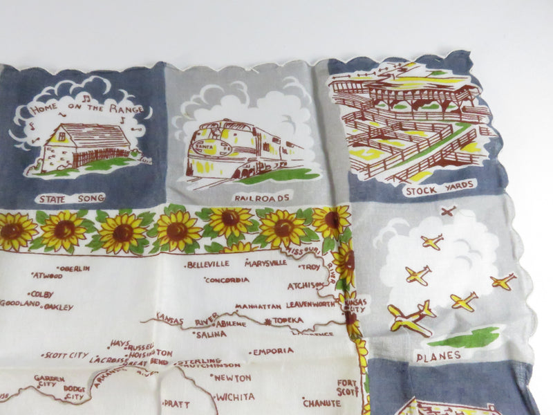 Vintage Kansas Souvenir Handkerchief 13" x 13" The Sunflower State Travel Map