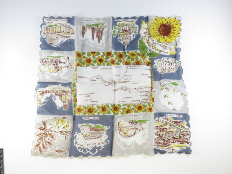Vintage Kansas Souvenir Handkerchief 13" x 13" The Sunflower State Travel Map