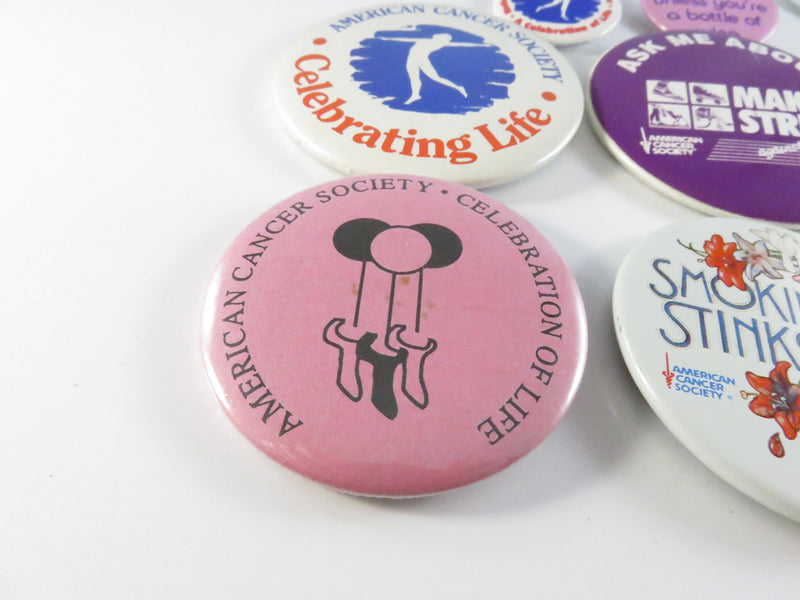 Lot of 9 American Cancer Society anti-smoking awareness pinback and lapel pin buttons