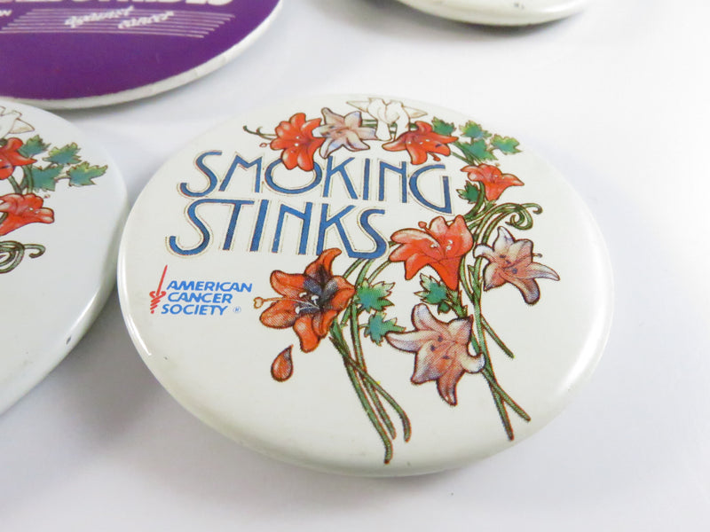 Lot of 9 American Cancer Society anti-smoking awareness pinback and lapel pin buttons