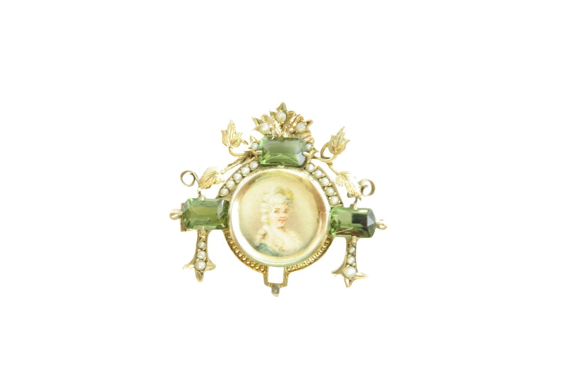 Lovely Renaissance Revival Style Gilt Sterling Painted Portrait Memento Brooch — Sterling Silver, Silver • Pearl, Seed Pearl,