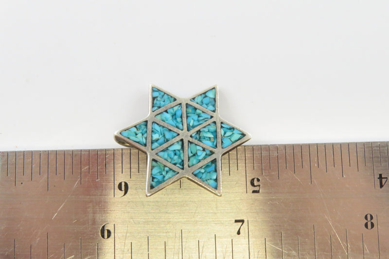 Vintage Sterling Silver Star of David Crushed Turquoise 70"s Pendant