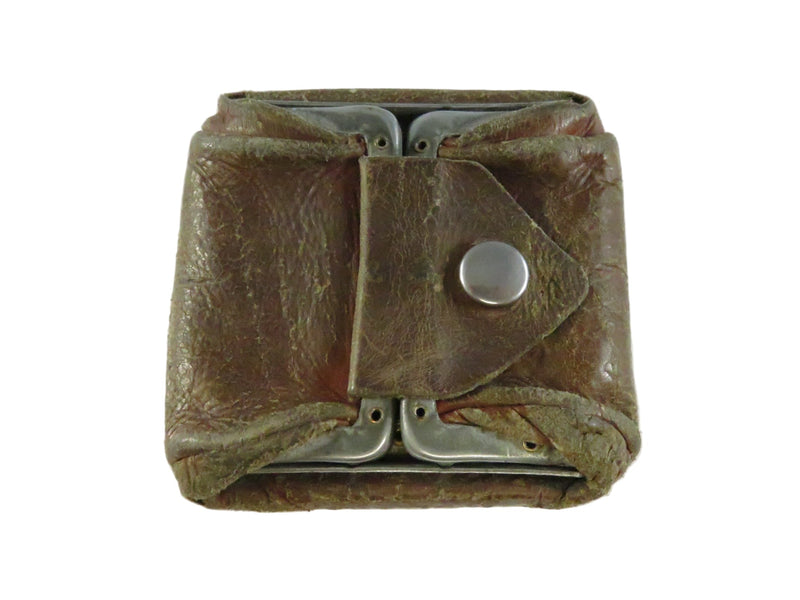 Brown leather wallet with a metal button on a white background