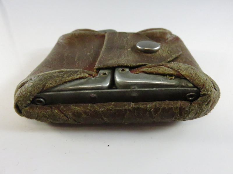 Antique 1920s leather coin purse folding snap closure hinged frame compact pocket change holder