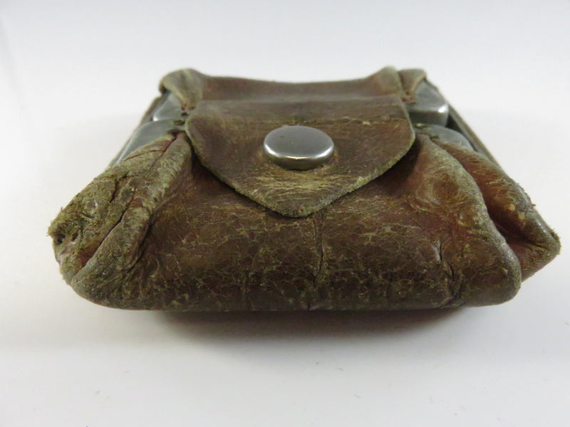 Antique 1920s leather coin purse folding snap closure hinged frame compact pocket change holder
