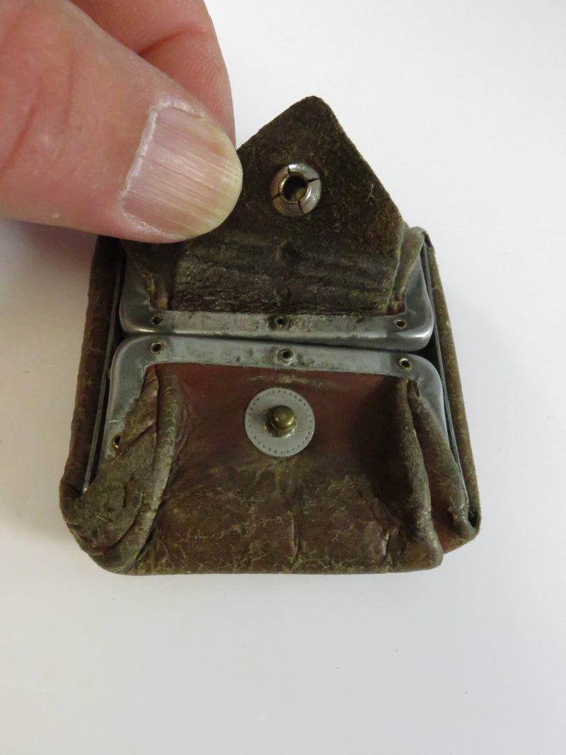 Antique 1920s leather coin purse folding snap closure hinged frame compact pocket change holder