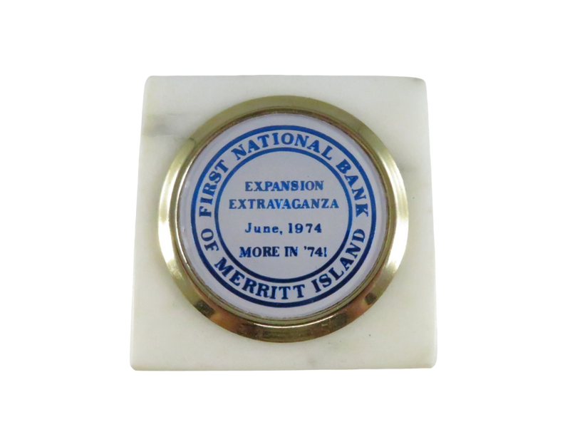Vintage 1974 First National Bank Merritt Island marble paperweight Expansion Extravaganza promo — Gold — front view