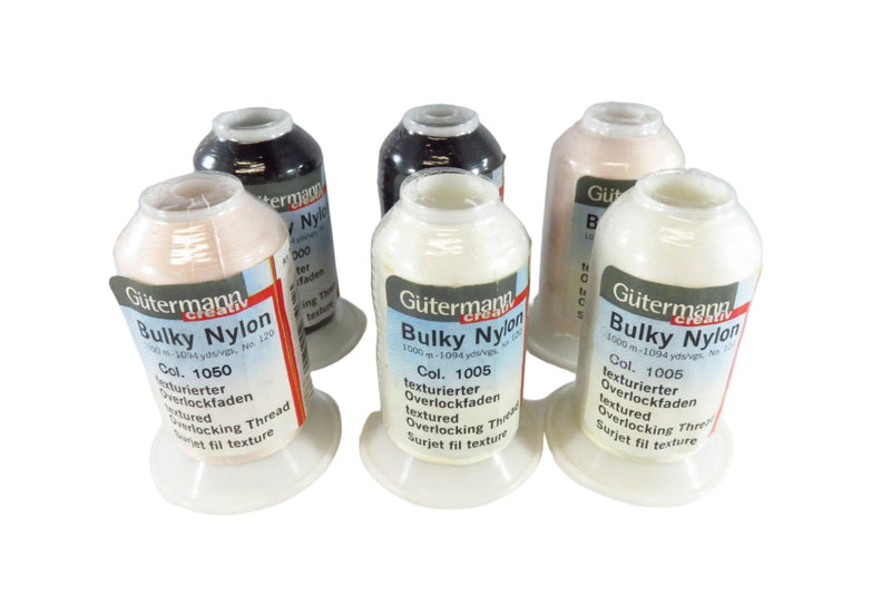 Gutermann Bulky Nylon Overlocking Thread 3 Color 6 Spool Lot 1000, 1005, 1050 — front view