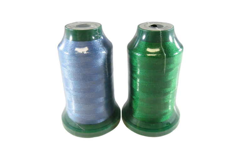 Exquisite 1000m Spool ES317 Grass Green and ES406 Celestial Blue 100% Poly — front view