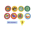 Girl Scout Fun Patch Collection – 8 Rounds, 1 Tab (“And Growing”), 1 Triangle – Unused Vintage — front view