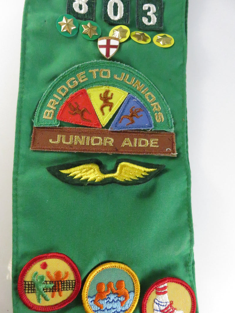1980s Girl Scouts sash Penn Laurel Troop 803 with Junior Aide, Bridge to Juniors, Brownie wings