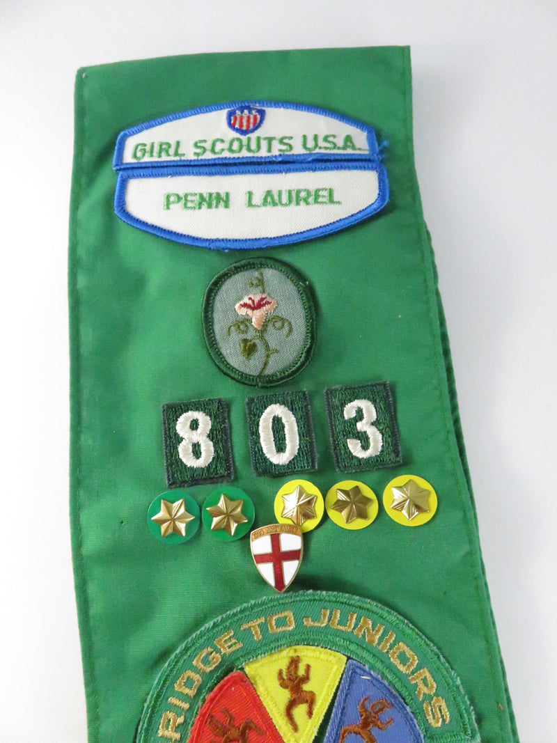 1980s Girl Scouts sash Penn Laurel Troop 803 with Junior Aide, Bridge to Juniors, Brownie wings
