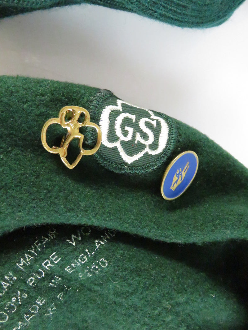 Girl Scouts green wool beret with pins & matching green knee socks set, Medium 00-1447, American Mayfair