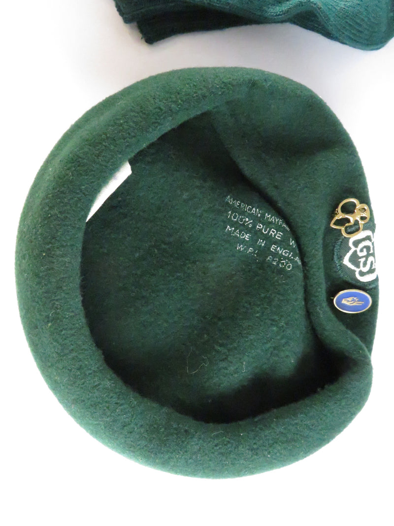 Girl Scouts green wool beret with pins & matching green knee socks set, Medium 00-1447, American Mayfair