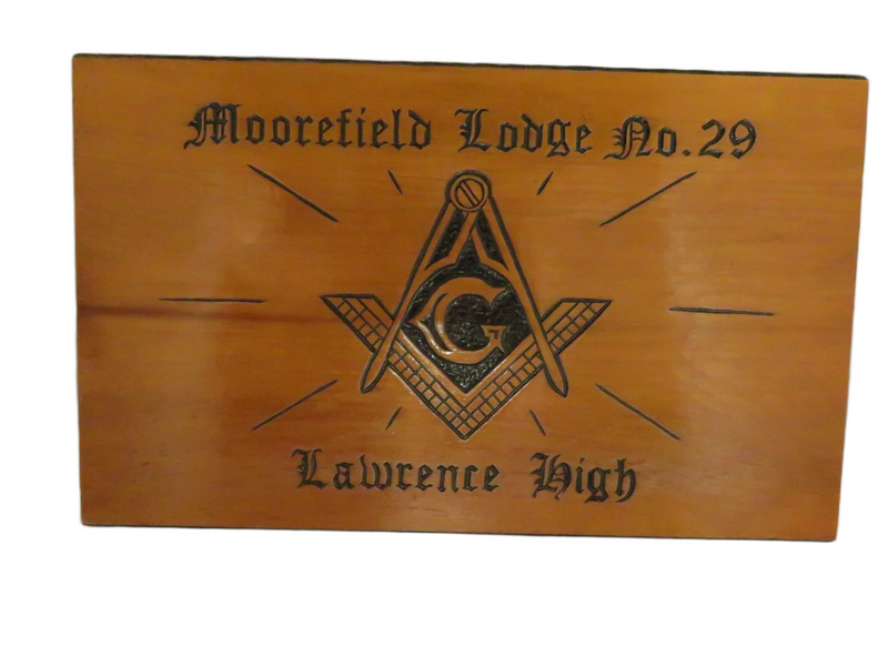 1981 hand-carved Masonic wood plaque – Moorefield Lodge No. 29, Square & Compasses emblem