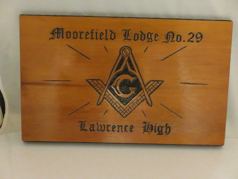 1981 hand-carved Masonic wood plaque – Moorefield Lodge No. 29, Square & Compasses emblem