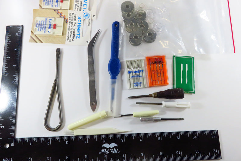 Sewing Assortment Spools, Needles, Screwdrivers, Tweezers, Seam Remover