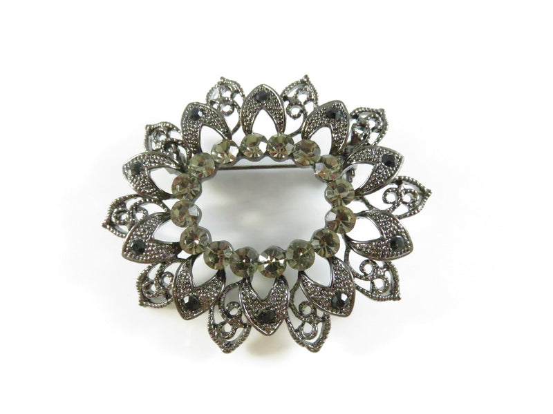 Oval Filigree Rhinestone Brooch Vintage Costume Jewelry — Silver — front view