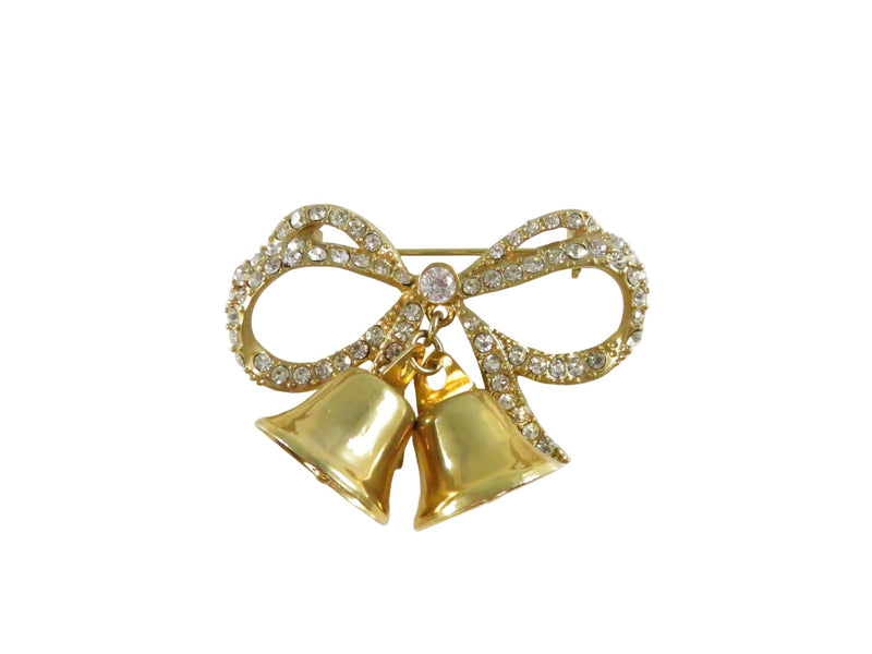 Vintage Monet Bow Brooch with Bells Rhinestone Pinback and Lapel Pin — Gold — front view
