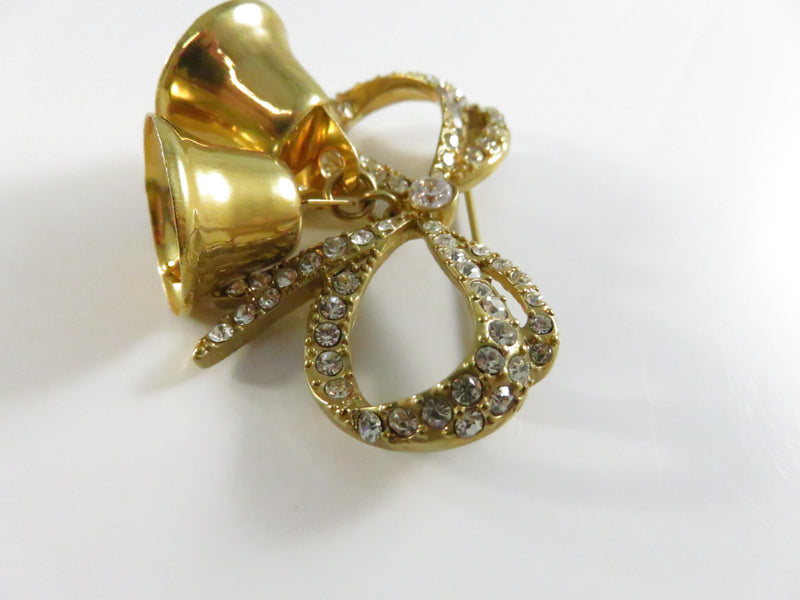Vintage Monet Bow Brooch with Bells Rhinestone Pinback and Lapel Pin