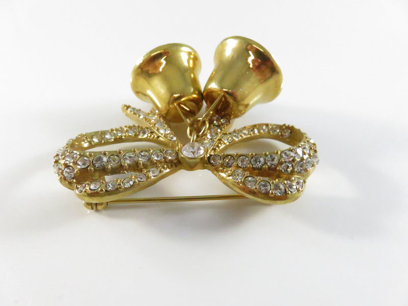 Vintage Monet Bow Brooch with Bells Rhinestone Pinback and Lapel Pin