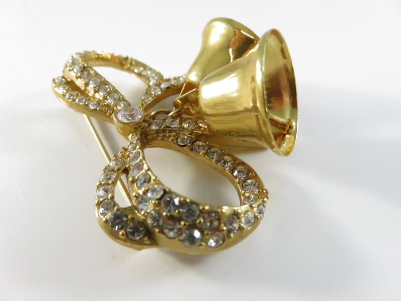 Vintage Monet Bow Brooch with Bells Rhinestone Pinback and Lapel Pin