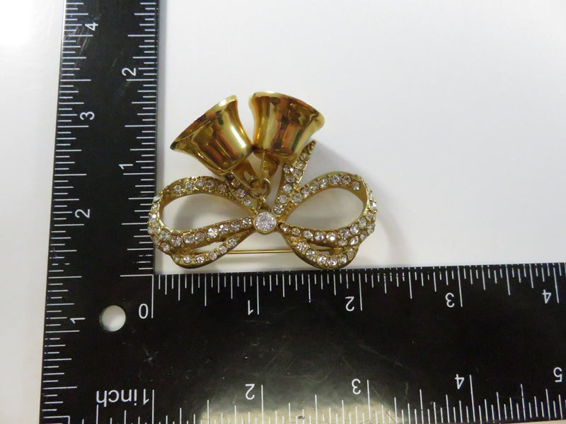 Vintage Monet Bow Brooch with Bells Rhinestone Pinback and Lapel Pin