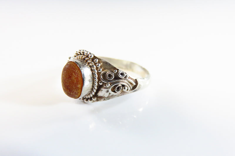 Vintage Twisted Wire Ball Accented Boho Amber 925 Ring for Resto Size 8 1/2