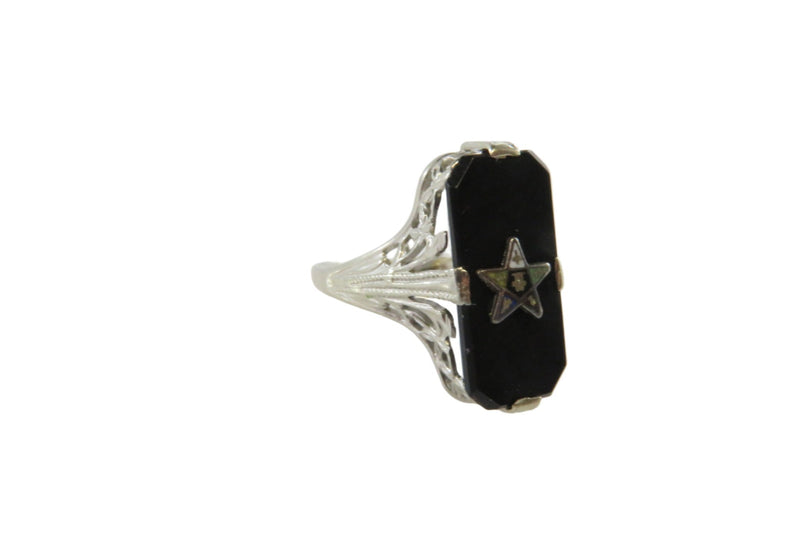 Art Deco 14K White Gold Onyx Plaque Eastern Star Ring with Filigree Size 4 — 14K, Gold — front view