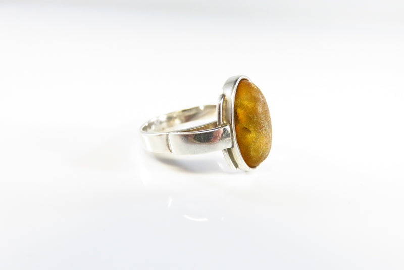 Vintage Fancy Sterling Setting Oval Amber Solitaire Ring for Resto Size 8 1/2