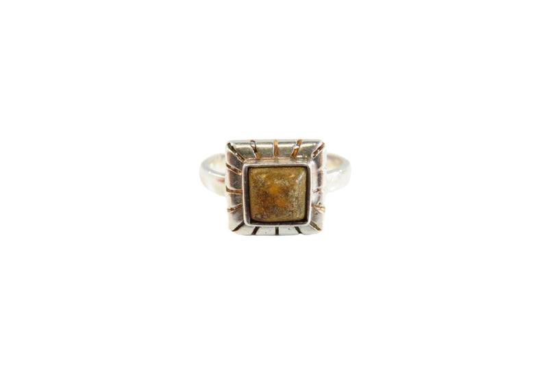 Vintage Square Amber Solitaire Sawed Border Sterling Ring for Resto Size 7.25