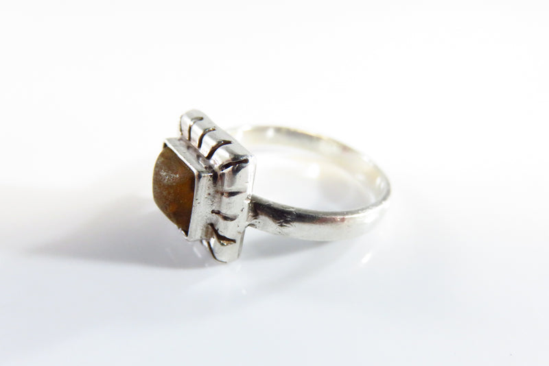 Vintage Square Amber Solitaire Sawed Border Sterling Ring for Resto Size 7.25