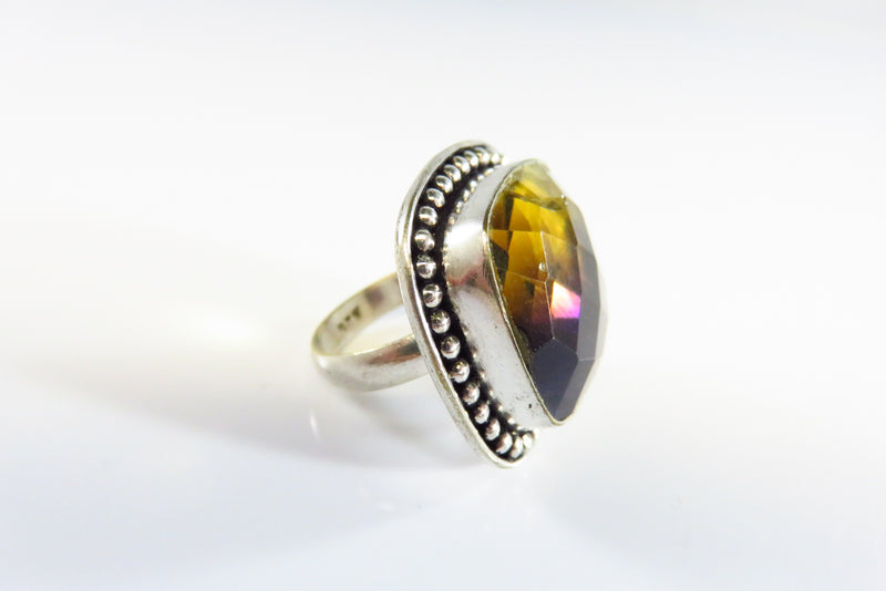 Huge Gaudy Purple Yellow Glass Sterling Silver Ring for Resto Size 7 3/4