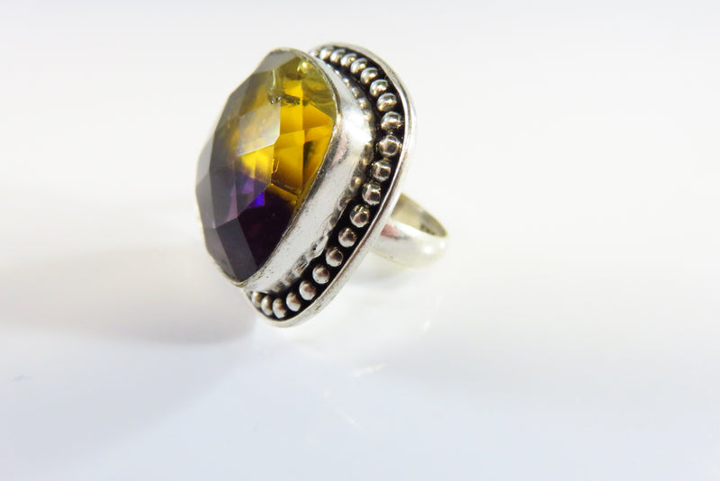 Huge Gaudy Purple Yellow Glass Sterling Silver Ring for Resto Size 7 3/4