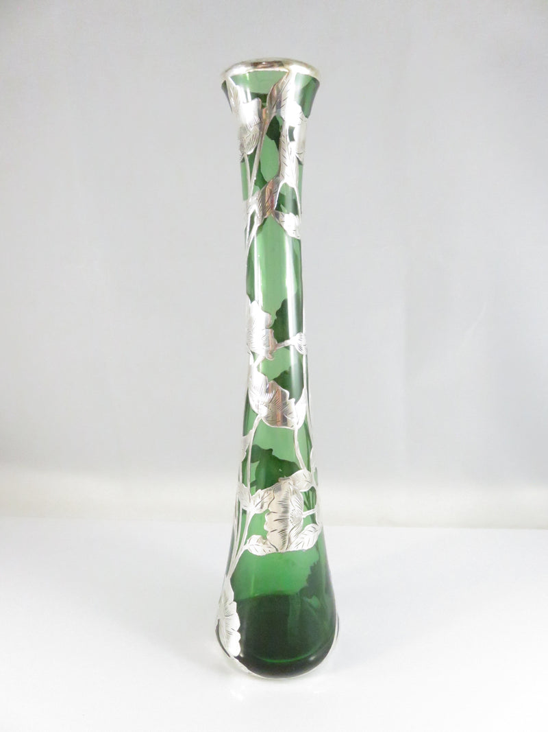Antique Alvin Sterling Silver Overlay Green Glass Bud Vase G3259