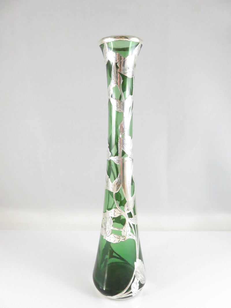 Antique Alvin Sterling Silver Overlay Green Glass Bud Vase G3259