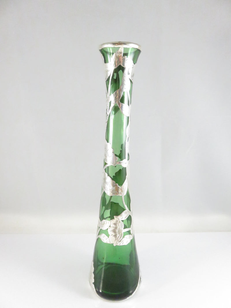 Antique Alvin Sterling Silver Overlay Green Glass Bud Vase G3259
