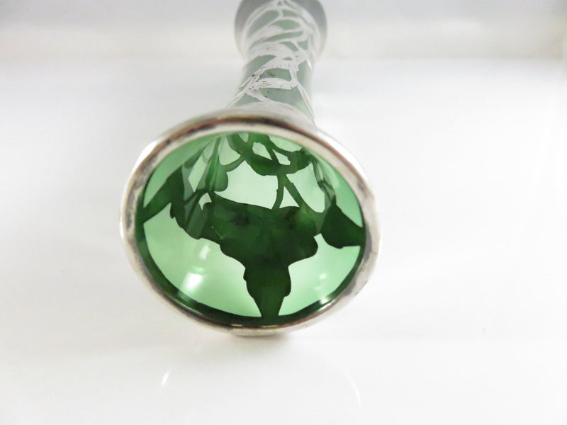 Antique Alvin Sterling Silver Overlay Green Glass Bud Vase G3259