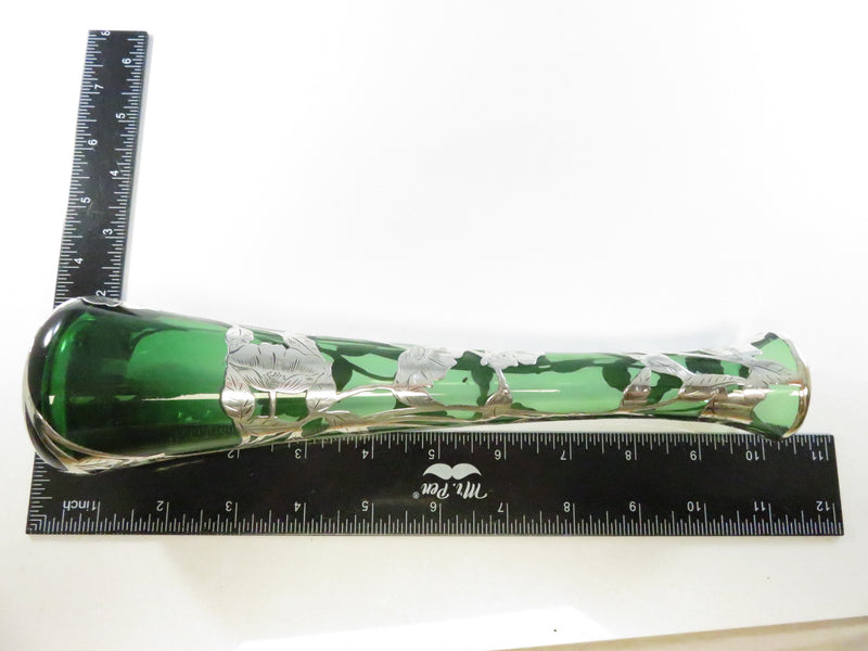 Antique Alvin Sterling Silver Overlay Green Glass Bud Vase G3259